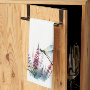 Watercolor Dragonfly Wildflower Cottagecore Art Tea Towel