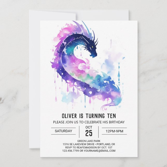 Watercolor Dragon's Majestic Birthday Invitation (Front)