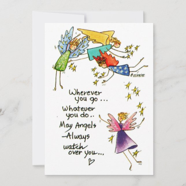 Watercolor drawing four colourful angels are near holiday card (Front)