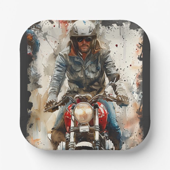 Watercolor drawing MotoBikers Paper Plate (Front)