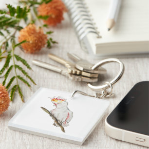 Watercolor drawing of a cockatoo parrot key ring