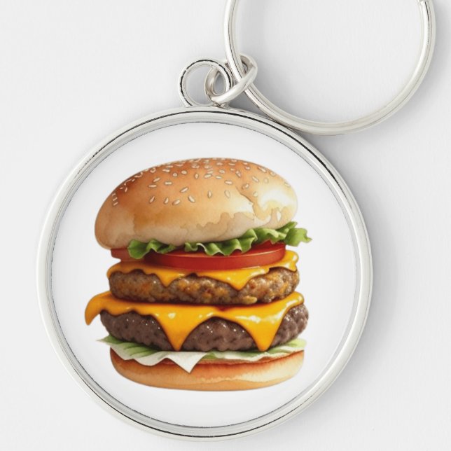 Watercolor Drawing of Cheeseburger Key Ring (Front)