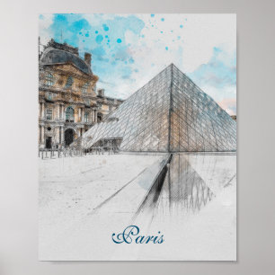 Watercolor drawing of the Louvre Paris, France Poster
