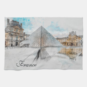 Watercolor drawing of the Louvre Paris, France  Tea Towel