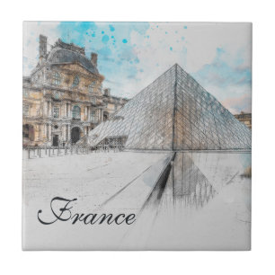 Watercolor drawing of the Louvre Paris, France Tile
