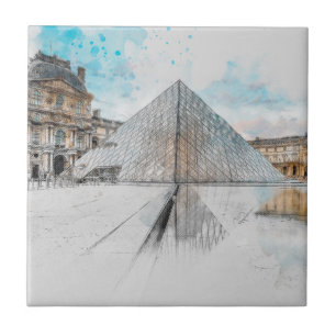 Watercolor drawing of the Louvre Paris, France Tile