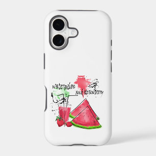 Watercolor drawing of watermelon and strawberries