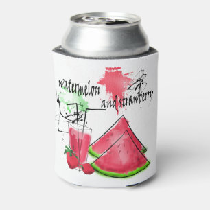 Watercolor drawing of watermelon and strawberries can cooler