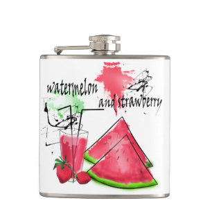 Watercolor drawing of watermelon and strawberries hip flask
