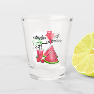 Watercolor drawing of watermelon and strawberries shot glass
