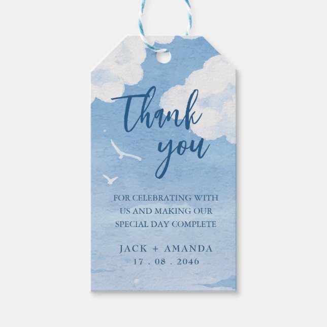 Watercolor Drawn Light Blue Sky Wedding Favour Tag (Front)