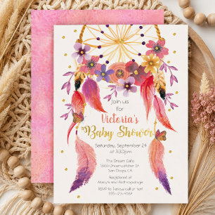 Watercolor Dreamcatcher Gold foil Baby Shower Invitation