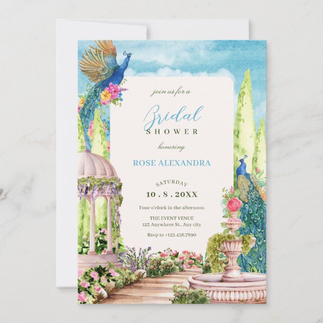 Watercolor dreamy floral garden bird bridal shower invitation (Front)