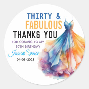 Watercolor Dress 30th Birthday Elegant & Feminine  Classic Round Sticker