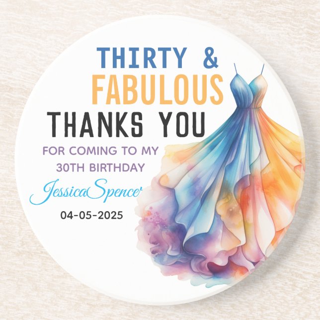 Watercolor Dress 30th Birthday Elegant & Feminine  Coaster (Front)