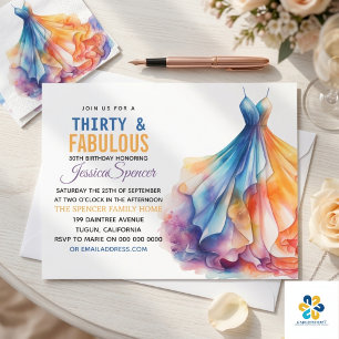 Watercolor Dress 30th Birthday Elegant & Feminine Invitation
