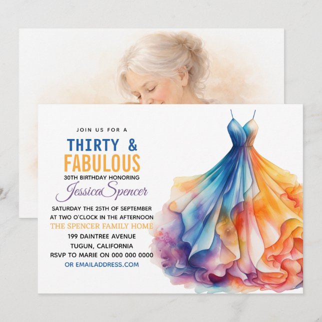 Watercolor Dress 30th Birthday Elegant & Feminine  Invitation (Front/Back)