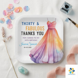 Watercolor Dress 30th Birthday Elegant & Feminine Paper Plate