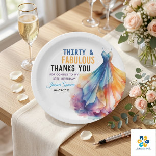 Watercolor Dress 30th Birthday Elegant & Feminine Paper Plate