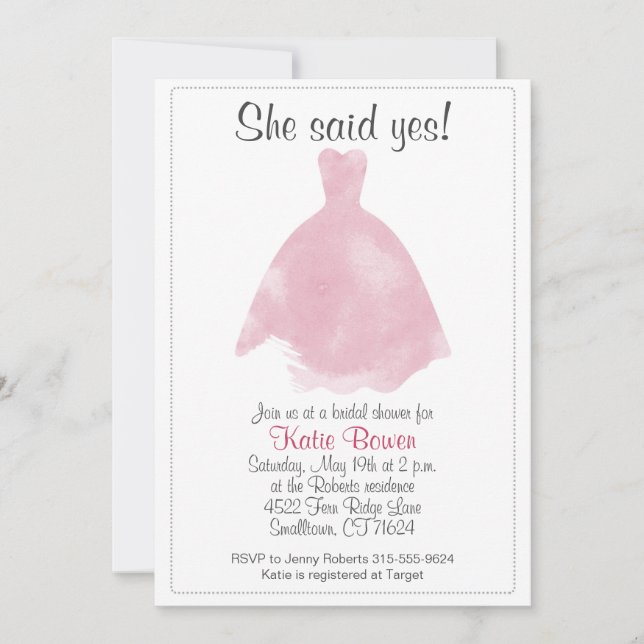 Watercolor Dress Bridal Shower Invitation (Front)