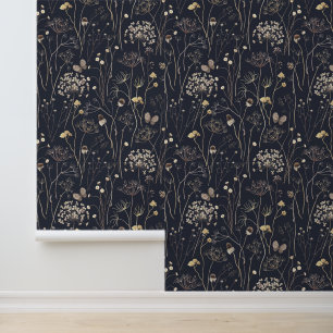 Watercolor Dried Wild Plants Butterflies Black  Wallpaper