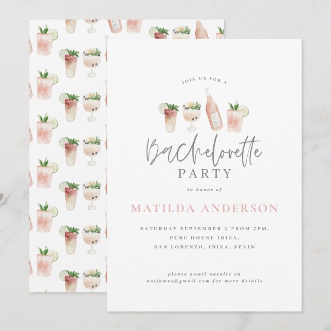 watercolor drink bachelorette party girly pink announcement (Front/Back)