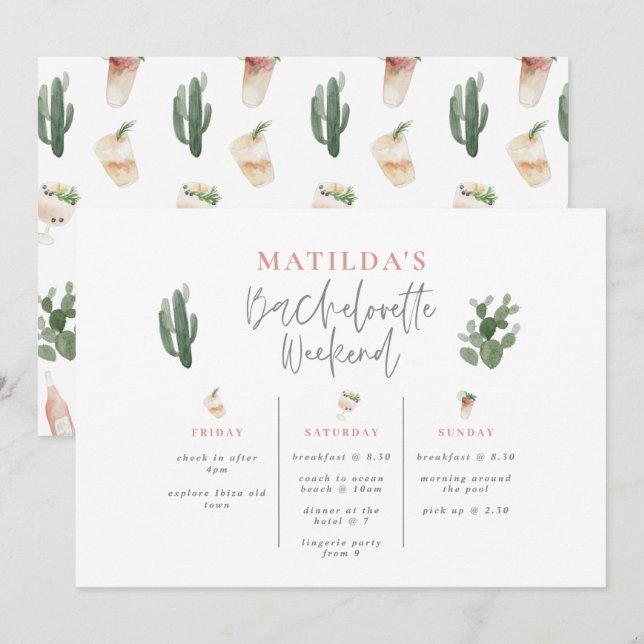 Watercolor drinks bachelorette weekend itinerary (Front/Back)