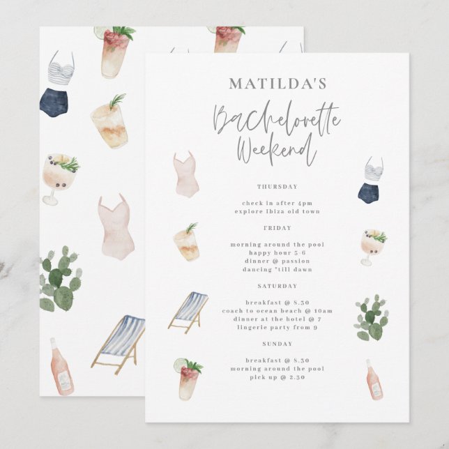 Watercolor drinks bachelorette weekend itinerary (Front/Back)