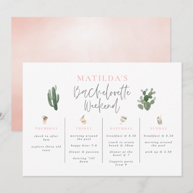 Watercolor drinks bachelorette weekend itinerary (Front/Back)