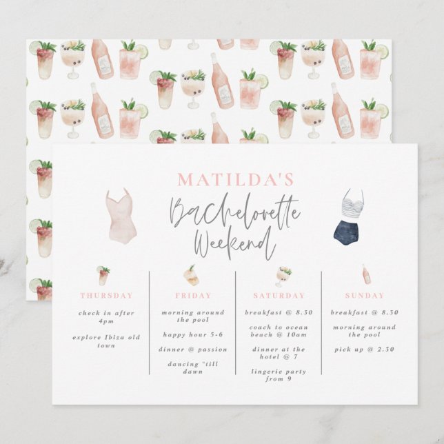 Watercolor drinks bachelorette weekend itinerary (Front/Back)