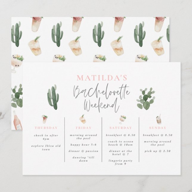 Watercolor drinks bachelorette weekend itinerary (Front/Back)