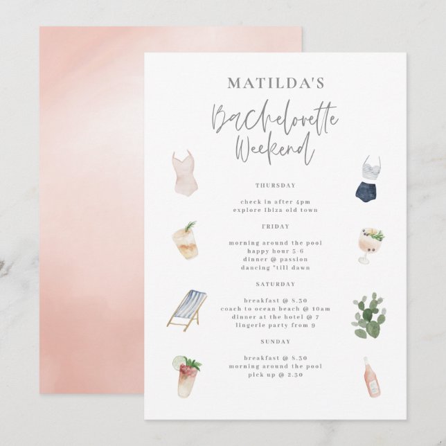 Watercolor drinks bachelorette weekend itinerary (Front/Back)