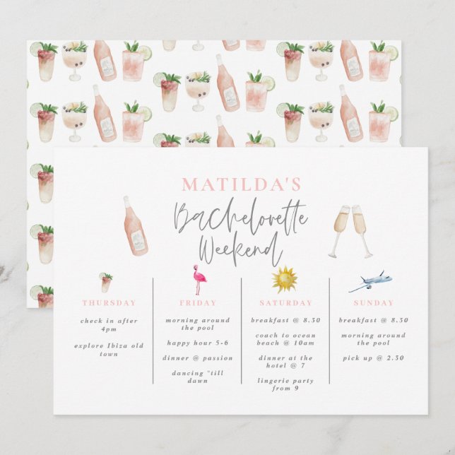 Watercolor drinks bachelorette weekend itinerary (Front/Back)
