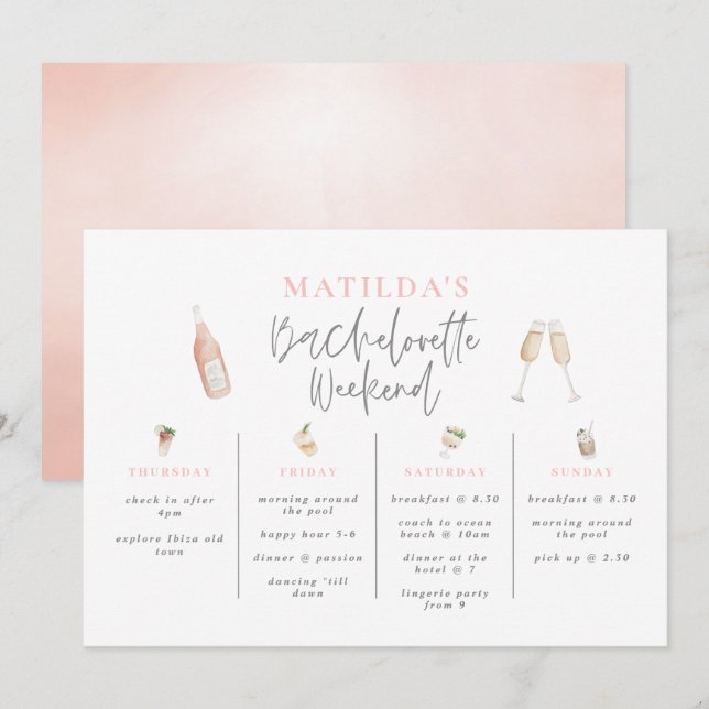 Watercolor drinks bachelorette weekend itinerary (Front/Back)