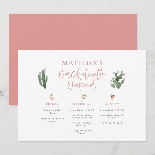 Watercolor drinks bachelorette weekend itinerary (Front/Back)