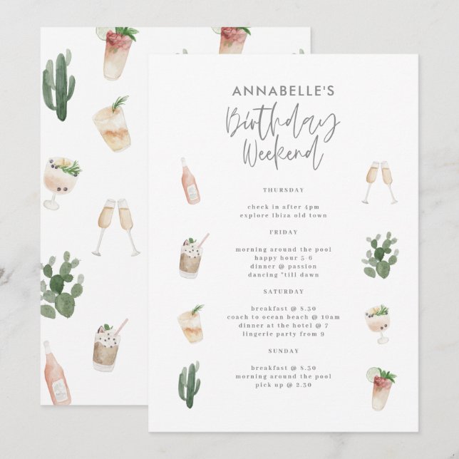 Watercolor drinks bachelorette weekend itinerary (Front/Back)