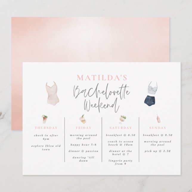 Watercolor drinks bachelorette weekend itinerary (Front/Back)