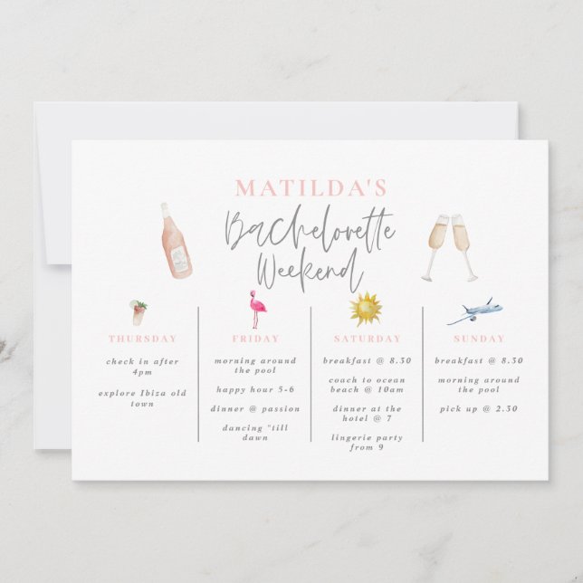 Watercolor drinks bachelorette weekend itinerary invitation (Front)