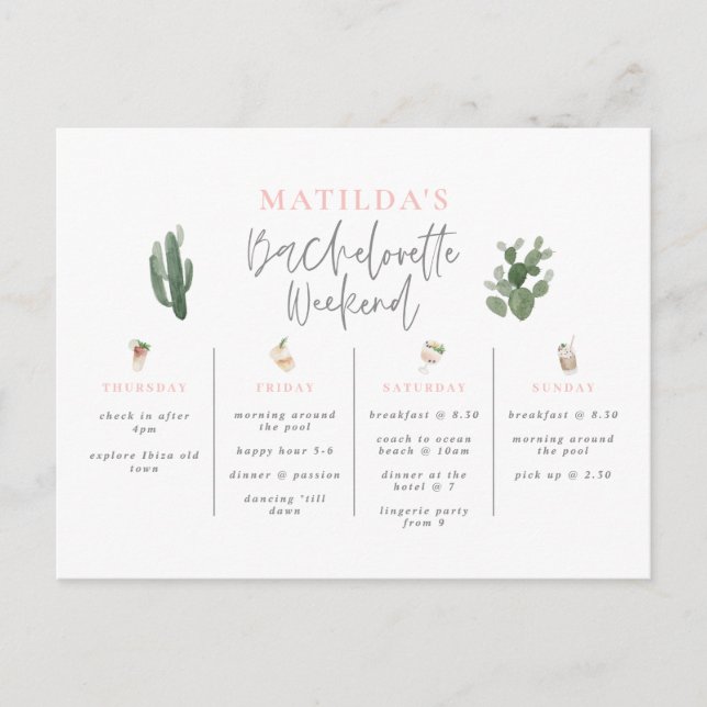 Watercolor drinks bachelorette weekend itinerary postcard (Front)