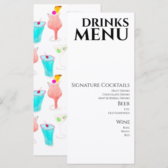 Watercolor Drinks Cocktail Wine Wedding  Menu (Front/Back)