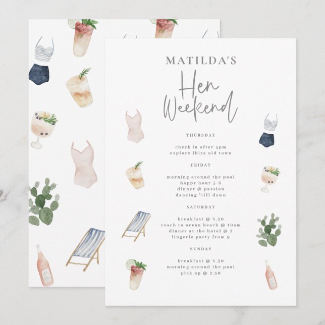 Watercolor drinks Hen weekend itinerary (Front/Back)