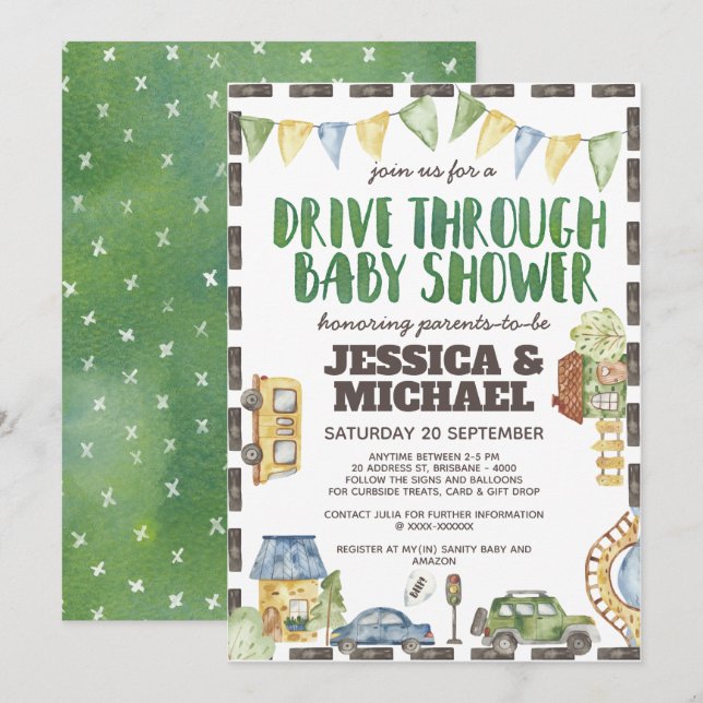 Watercolor Drive Through Baby Shower Invitation (Front/Back)