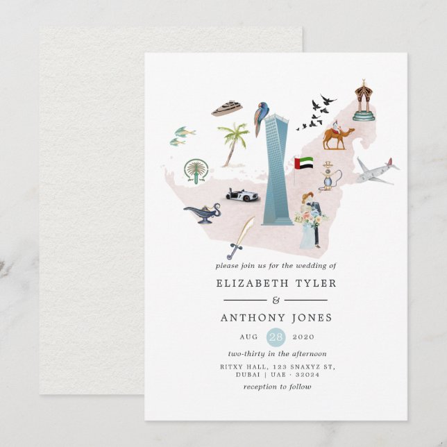Watercolor Dubai UAE Destination Wedding Invitation (Front/Back)