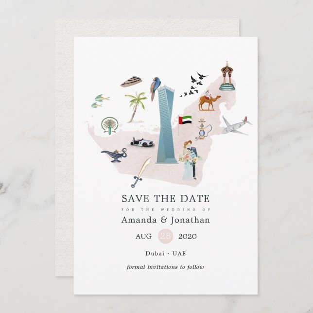 Watercolor Dubai UAE Destination Wedding Save The Date (Front/Back)
