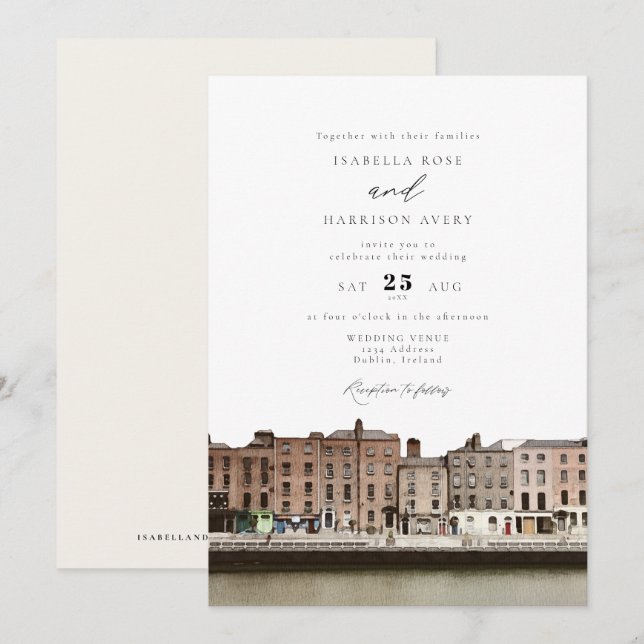 Watercolor Dublin Ireland Skyline River Wedding Invitation (Front/Back)