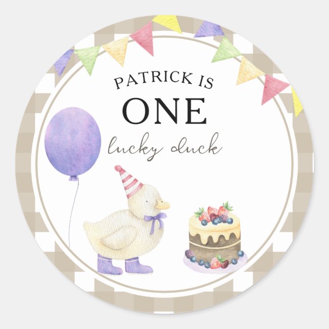 Watercolor Duck 1st birthday Classic Round Sticker (Front)