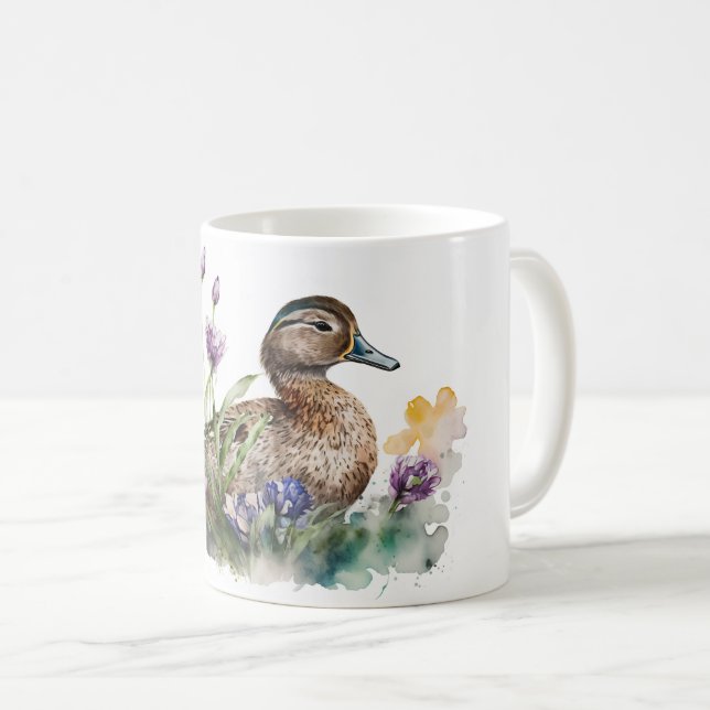 Watercolor Duck In Flowers Coffee Mug (Front Right)