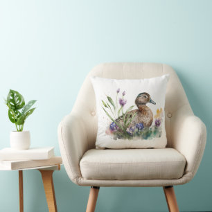 Watercolor Duck In Flowers Cushion