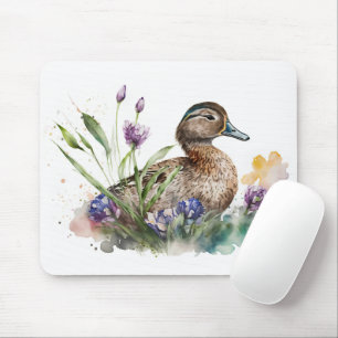 Watercolor Duck In Flowers Mouse Mat