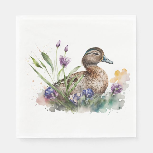 Watercolor Duck In Flowers Napkin (Front)